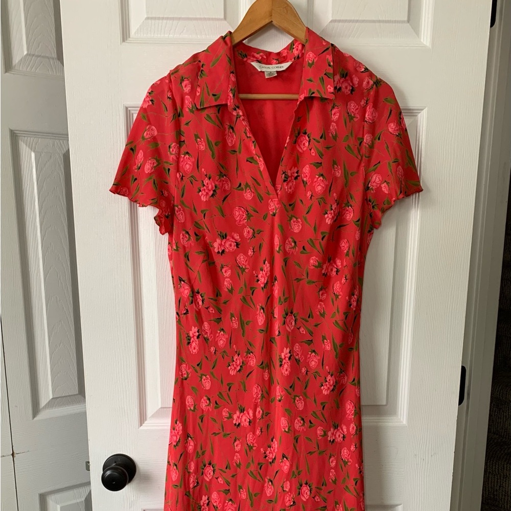 Casual Corner Vibrant Red Floral Midi Dress